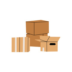 Cardboard boxes. Stacked box piles. Cargo warehouse stack. Delivery and moving container. Hand drawn package heap, carton mailboxes. Parcel cartoon flat isolated vector illustration composition set