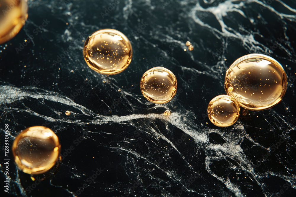 Leinwandbilder golden orbs float on a dark marble surface, creating a luxurious and elegant visual.