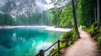 A path leading to the shore of an emerald lake
