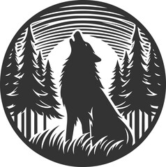 A wolf howling in a dense forest with tall trees vector animal silhouette