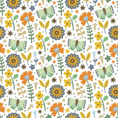 Spring Floral Seamless Pattern, butterflies, abstract seamless pattern with flowers and branches, background graphic design print vector illustration, vintage colors.