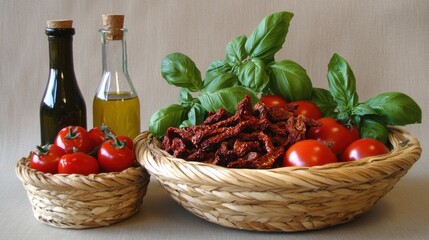 italian ingredients sun-dried tomatoes basil olive oil and vineg