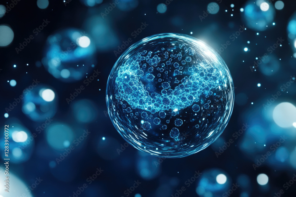 Poster A glowing blue sphere filled with interconnected smaller spheres, representing cellular structures or a network.