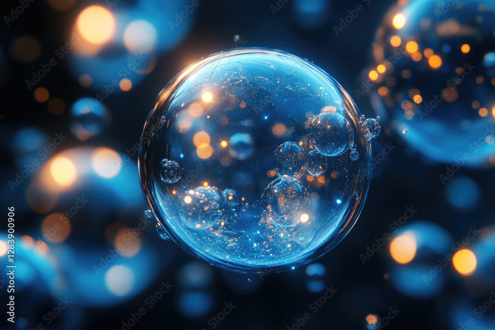 Poster A mesmerizing close-up of a large, translucent sphere filled with smaller, glowing bubbles against a bokeh backdrop.
