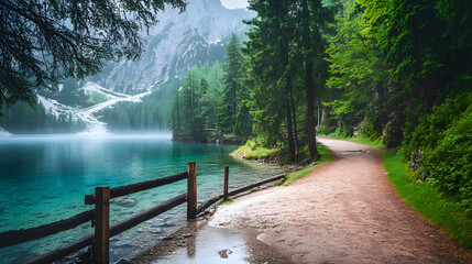 A path leading to the shore of an emerald lake
