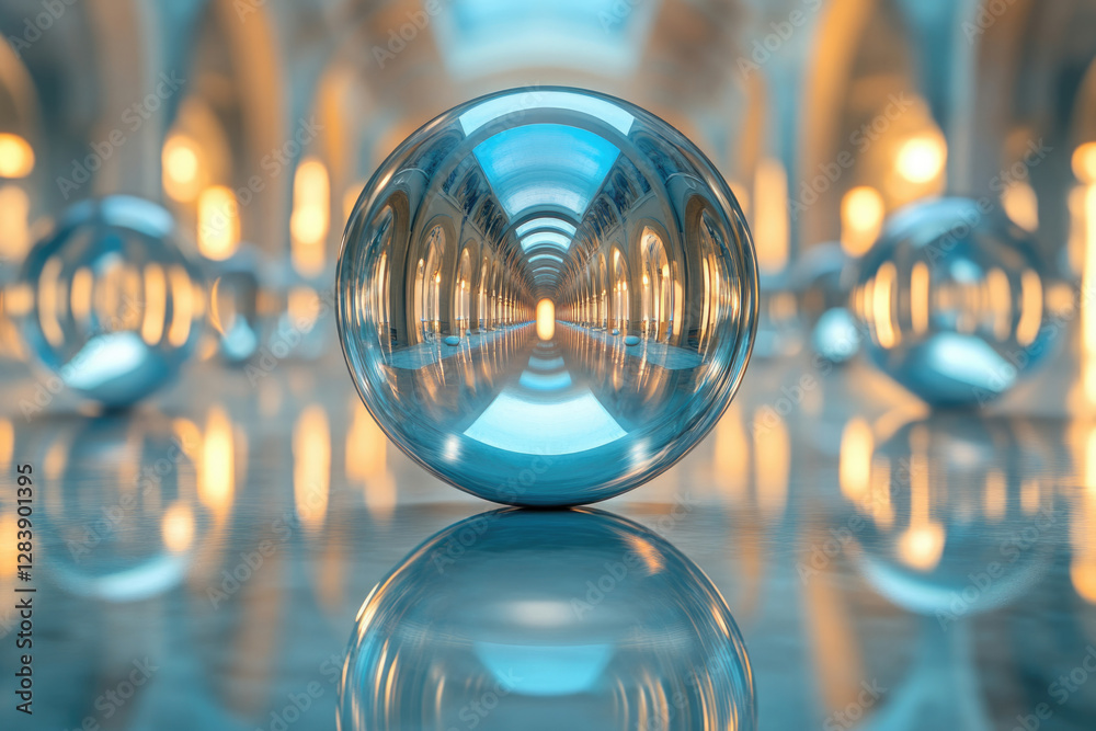 Poster a reflective sphere mirrors a grand hall, creating an illusion of depth and endless perspective.