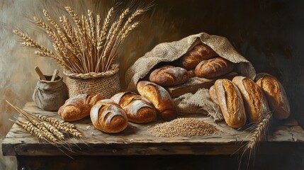 still life with bread and wheat