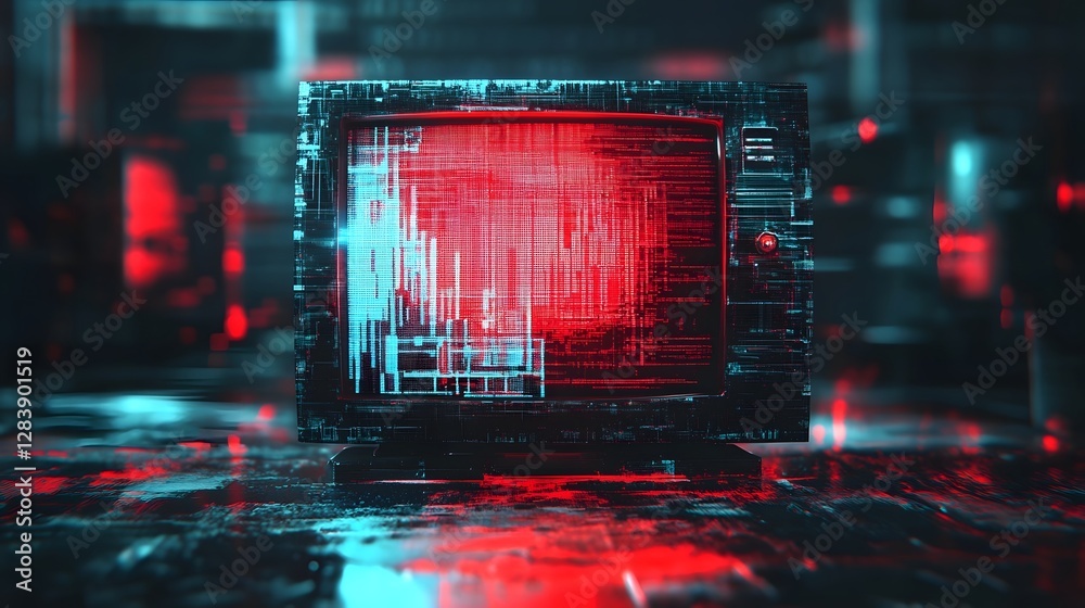 Leinwandbilder Futuristic Digital Glitch Visualization of Data Matrix and Network Patterns on Electronic Screen  Abstract 3D render of a distorted glitched digital interface with colorful neon lights code