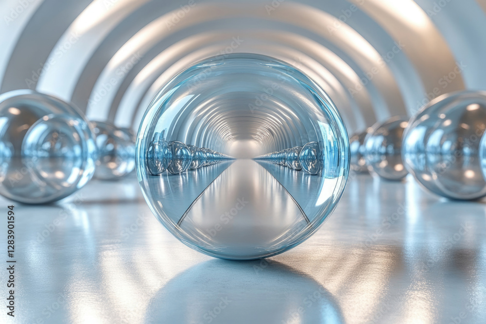 Poster A large transparent sphere reflects a futuristic tunnel lined with smaller spheres, creating a symmetrical and mesmerizing scene.