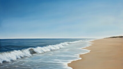 Fototapeta premium Waves gently washing over the sandy shore, with a picturesque view of the ocean meeting the cloudless sky.