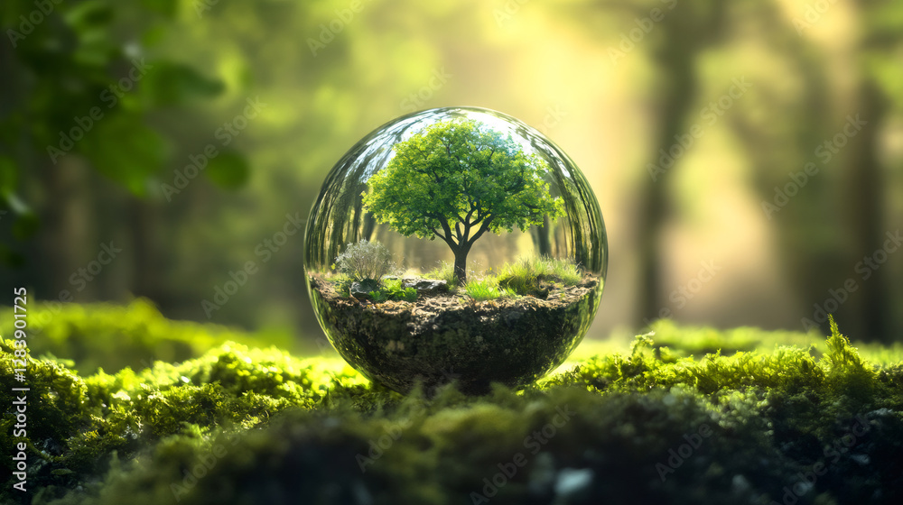 Poster tiny tree sprouting within glass sphere resting on mossy ground, symbolizing ecological balance and 