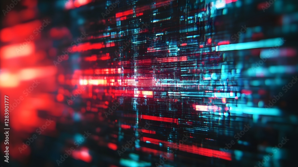 Leinwandbilder Futuristic digital landscape with a glitching neon lit matrix network  The abstract background features a complex interconnected mesh of data code