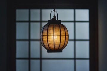 A suspended round lantern emits warm light in the room