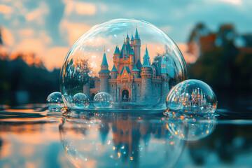 A fairytale castle trapped inside a giant bubble, floating serenely on water at sunset.