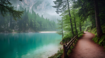 A path leading to the shore of an emerald lake
