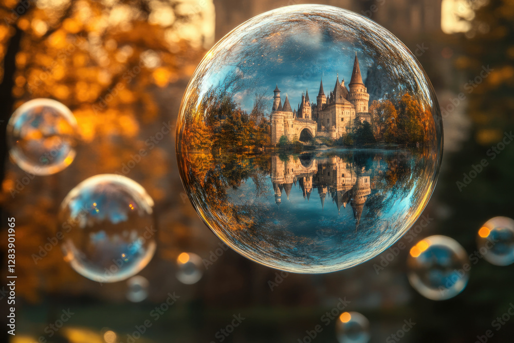 Poster A fairytale castle reflected in a soap bubble, surrounded by autumnal trees.