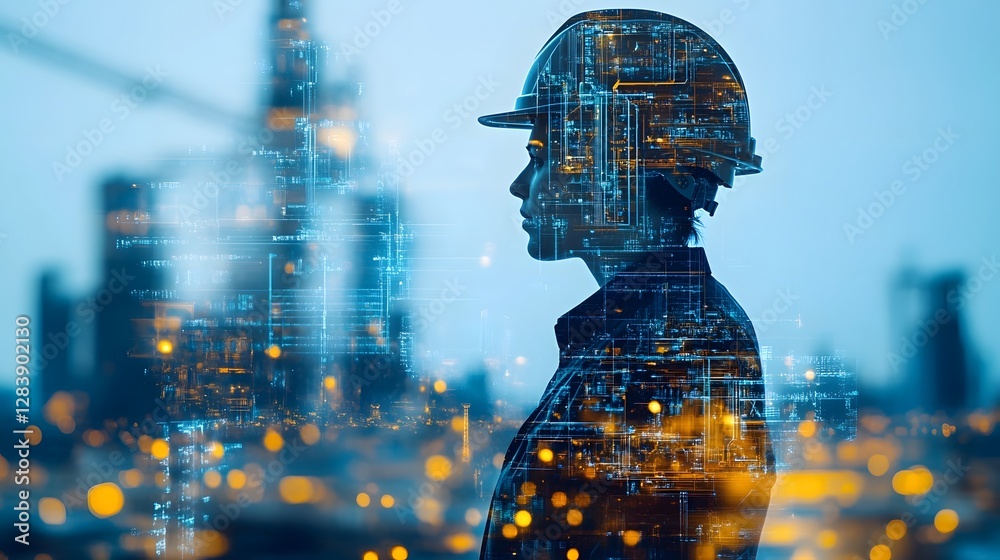 Poster Futuristic digital landscape with an AI powered urban cityscape featuring glowing technological patterns structures and infrastructure  Symbolic of technological progress innovation