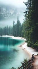 A path leading to the shore of an emerald lake
