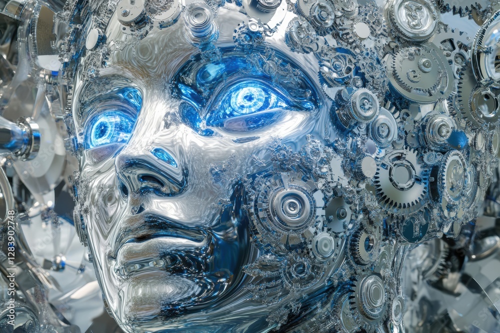 Poster Human head contour filled with interlocking gears and cogs symbolizing the rise of artificial intelligence in modern technology. Generative AI