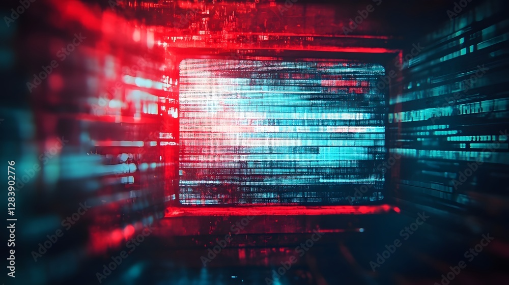 Leinwandbilder Futuristic Digital Neon Technology Tunnel with Illuminating Grid and Data Code Animation  Abstract sci fi background with 3D render of glowing light lines binary code