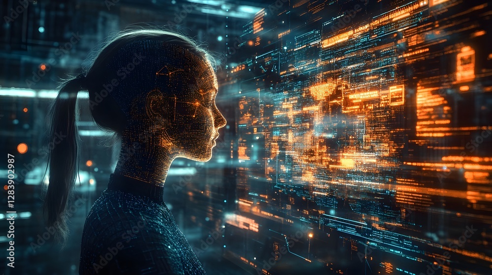 Poster Futuristic digital landscape with holographic data visualization and intelligence elements in a urban setting  Abstract and creative 3D rendered showcasing the future of technology information