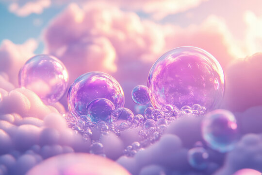 Pastel-colored soap bubbles float on a dreamy cloud background, creating a whimsical scene.