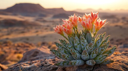 Beautiful succulent plant with orange flowers growing on a rock in a desert landscape at sunset, showcasing the resilience of nature