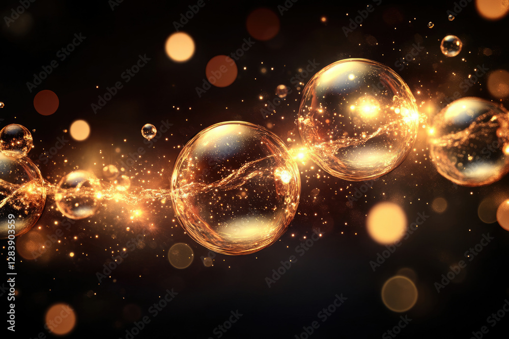 Poster Glowing golden orbs and particles float in dark space, creating a luxurious, abstract image.