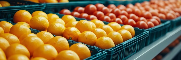 A vibrant display of oranges and tomatoes stacked in green baskets, showcasing fresh produce in a market setting.