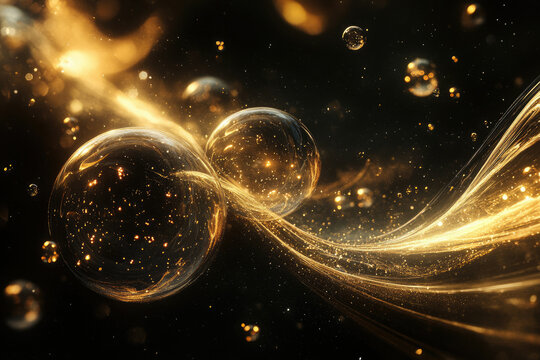 Golden orbs and shimmering trails dance in a dark, cosmic scene, filled with sparkling dust and ethereal beauty.