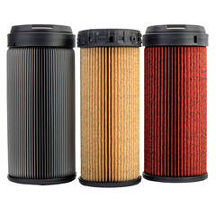 Three different fuel and oil filters shown clearly on white