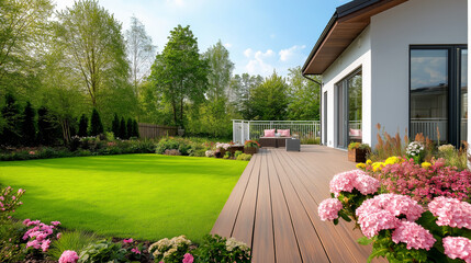 Naklejka premium Dream Home Oasis: A stunning property showcases a meticulously landscaped garden and sun-drenched outdoor deck, presenting an inviting atmosphere of tranquility and modern living.