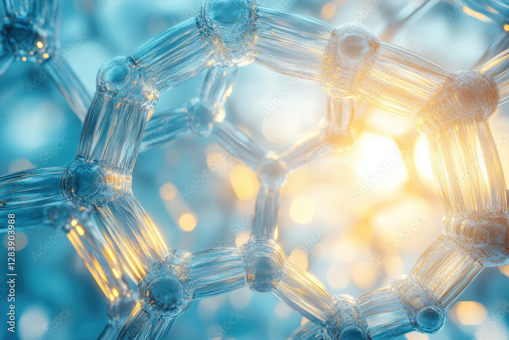 Poster microscopic view of a molecule's intricate structure, showcasing its bonds and atoms in a vibrant, g