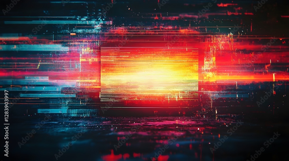 Poster Futuristic glitch art explosion of vibrant neon lights digital energy and dynamic data visualizations  Abstract and modern technological background with a sense of motion power and intelligence