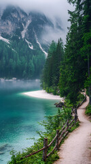A path leading to the shore of an emerald lake
