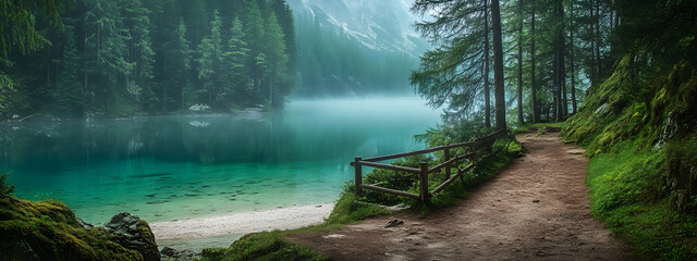 A path leading to the shore of an emerald lake
