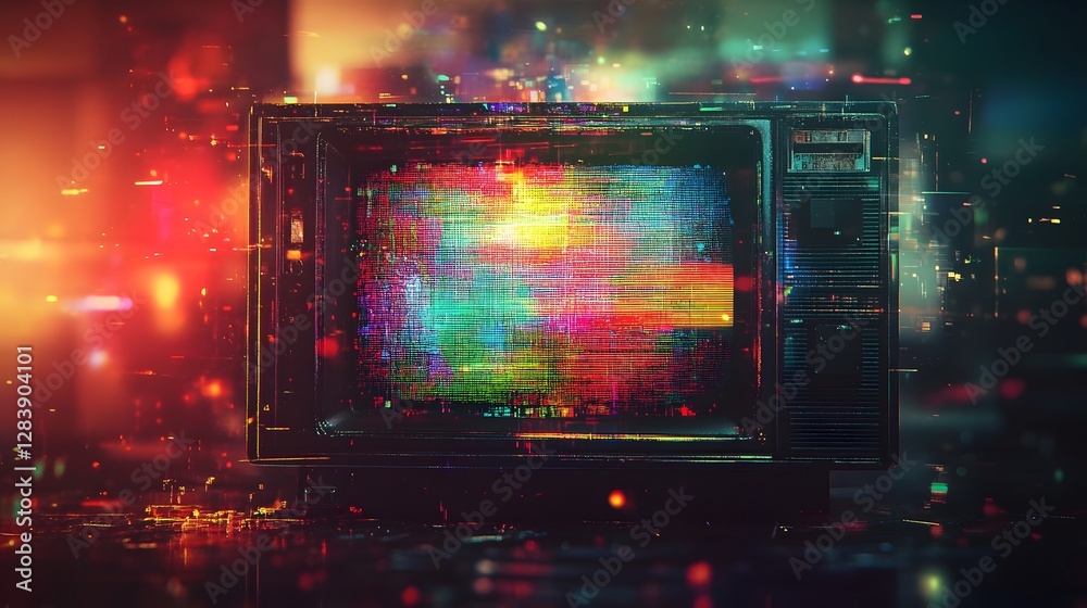 Leinwandbilder Futuristic glitch digital art with neon lights colorful abstract patterns and a surreal psychedelic atmosphere displayed on a computer screen  This digital evokes a cyberpunk