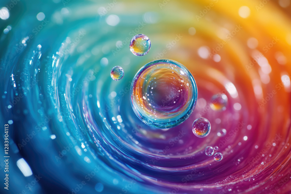Poster vibrant, iridescent water droplets create mesmerizing concentric ripples on a colorful surface.