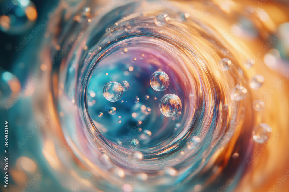 Poster Abstract image of swirling liquid with multiple iridescent bubbles, creating a mesmerizing visual effect.