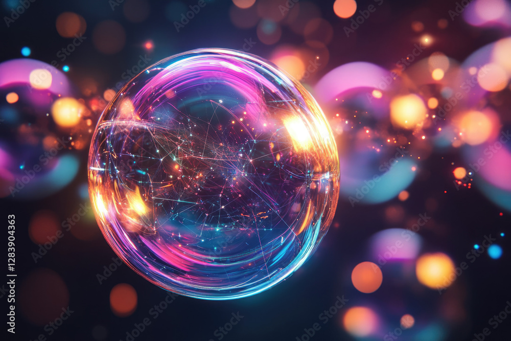Poster A vibrant, glowing sphere filled with interconnected lines and nodes, set against a bokeh background.