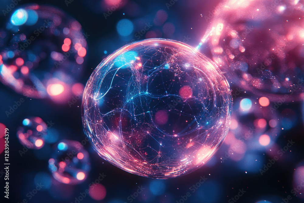 Poster a glowing sphere filled with interconnected lines of light, surrounded by bokeh effects in pink and 