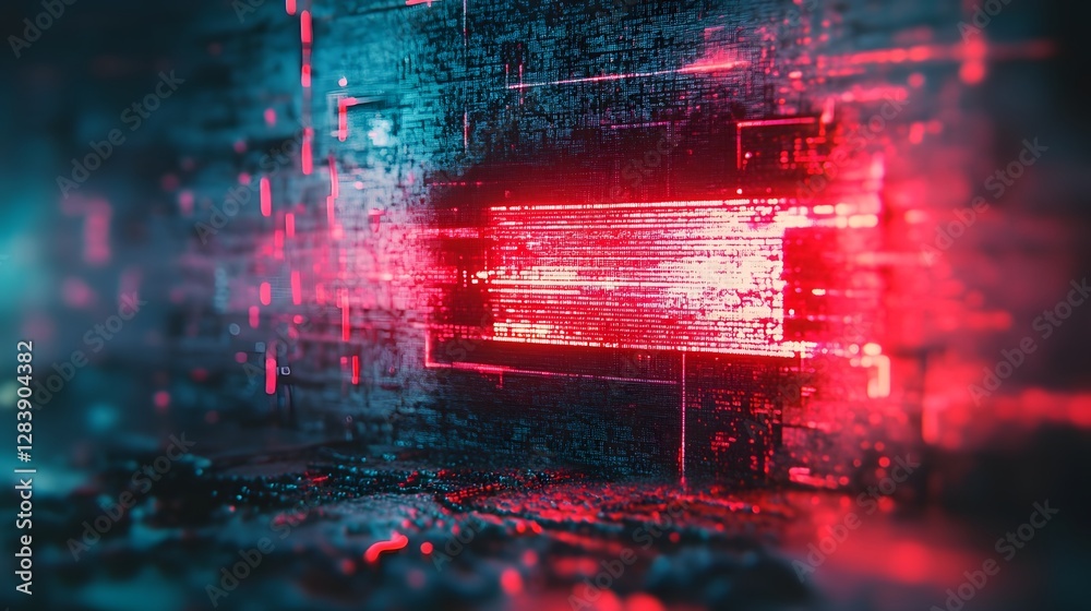 Fototapete Futuristic glitchy neon digital technology abstract background with pulsing circuits data matrix patterns and a virtual hud interface  Conceptual digital art design with a sci fi technology