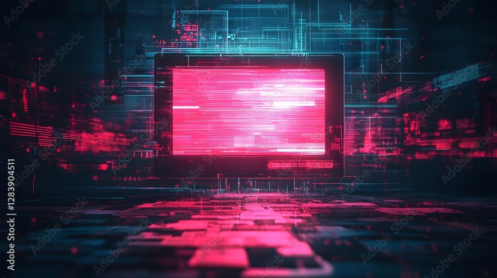 Aufkleber Futuristic glowing digital portal or gateway in a cyberpunk inspired cityscape backdrop with neon lights abstract geometric patterns and a futuristic sci fi atmosphere