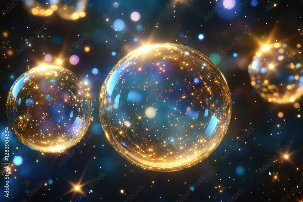 Poster Glowing orbs filled with sparkling particles float in a dark space, resembling celestial bodies or cosmic bubbles.