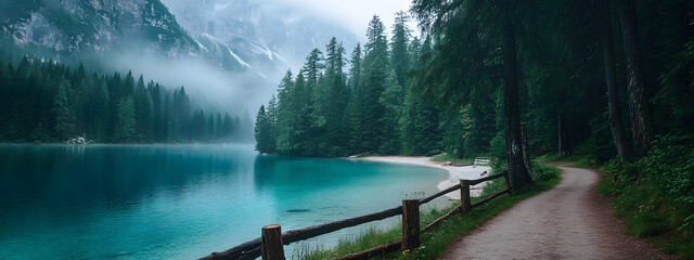 A path leading to the shore of an emerald lake
