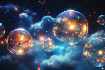 Fototapeta premium Cosmic bubbles, galaxies swirling within transparent spheres, floating amidst a starry night sky.