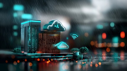 Futuristic cityscape with glowing cloud technology amidst rain, showcasing digital connectivity
