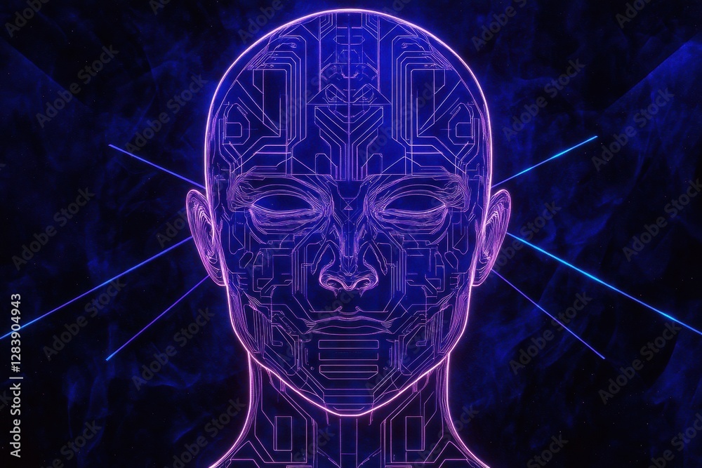Fototapete Silhouette of a human head illuminated with circuit patterns and glowing neon lines in a futuristic design. Generative AI