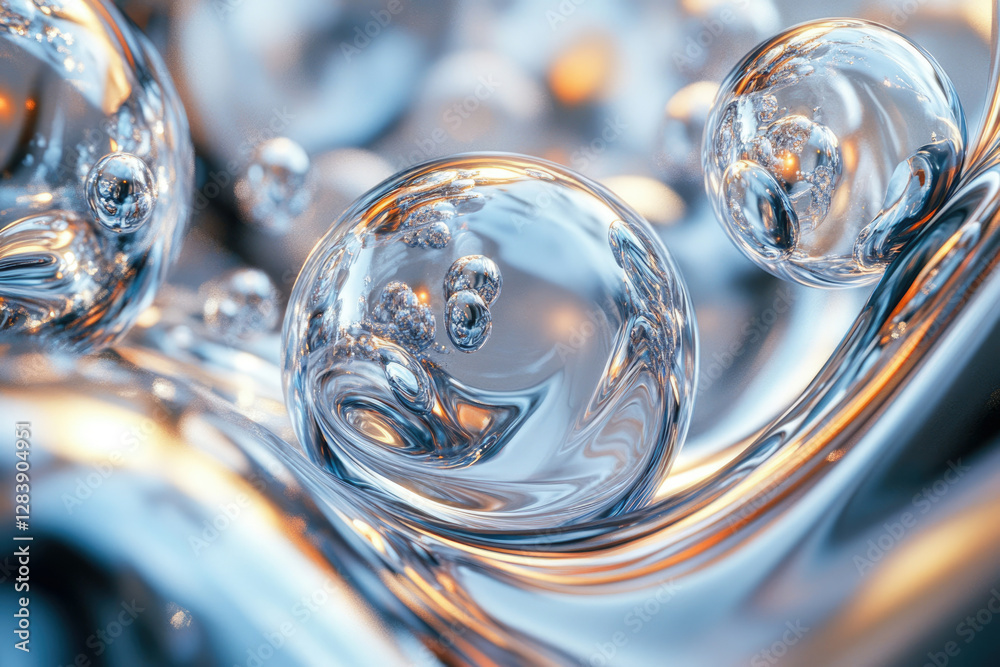 Poster Abstract image of glistening, translucent spheres nested within a flowing, metallic liquid, creating a mesmerizing visual effect.