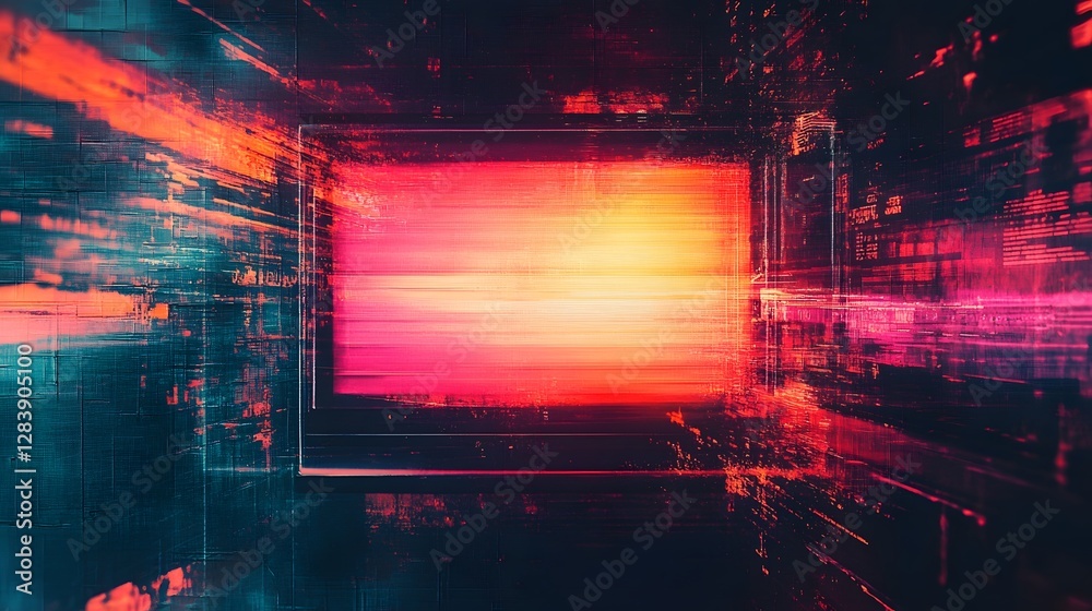 Leinwandbilder Futuristic neon cityscape with vibrant geometric lighting and digital architectural backdrop  Surreal luminous and energetic 3D rendered abstract scene with glowing shapes patterns and motion